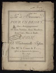 Air de bravoure pour un dessus... dédié à mademoiselle Besson, par Mr le comte de F***, officier au régiment du roi, infanterie