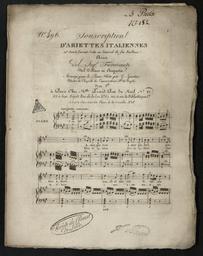 N° 496 souscription d'ariettes italiennes... aria del Sigr Fioravanti nel villano in augustu arrangé pour le piano forte par G. Spontini