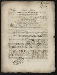 N° 499 souscription d'ariettes italiennes... cavatina del Sigr Fioravanti nel Villano in augustu arrangé pour le piano forte par G. Spontini...