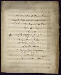 Ma Brebis a fait un Lion // Couplets faits pour la naissance De // S.d. R. Monseigneur Leduc // De Bordeaux // Paroles de MM // De Beauvoir et Jadin // et ses pages de la Chapelle Du Roi // offert Par Les auteurs // À Messieurs Les administrateurs // De l'Ecole Royale de Chant // De L'Isle