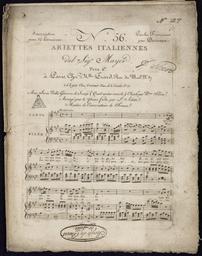 N° 56 paroles françaises par Desriaux. Ariettes italiennes del Sigr Mayer (...) Aria seria nella Ginevra di scozia (quest'anima consola) chanté par Mme Silva arrangé pour le piano forte par L. Adam
