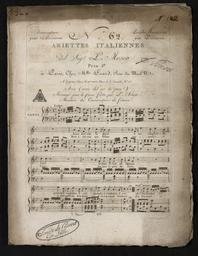 N° 62 Paroles françaises par Desriaux. Ariettes italiennes dela Sigr L. Mosca (...) Aria (amo del cor la pace) arrangé pour le piano forte par L. Adam