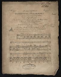 N° 490 souscription d'ariettes italiennes. 21e année faisant suite au journal de feu Bailleux del Sigr Rigel. Air de l'opéra des deux meuniers exécuté sur le théâtre du Caire et chanté par MM Nozary et Nourrit au concert particulier de S. M. l'empereur. Arrangé pour le piano forte par l'auteur