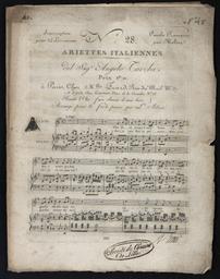 N° 28 paroles françaises par Moliné ariettes italiennes del Sigr Angelo Tarchi... rondo (che faro senza il mio bene) arrangé pour le piano forte par L. Adam