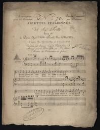 N° 70 paroles françaises par Desriaux ariettes italiennes del Igr Tritto... cavatina per soprano (questo palpito soave) arrangé pour le piano forte par L. Adam